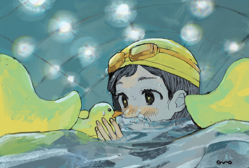 1girl, black_eyes, black_hair, black_one-piece_swimsuit, blush, goggles, goggles_on_head, highres