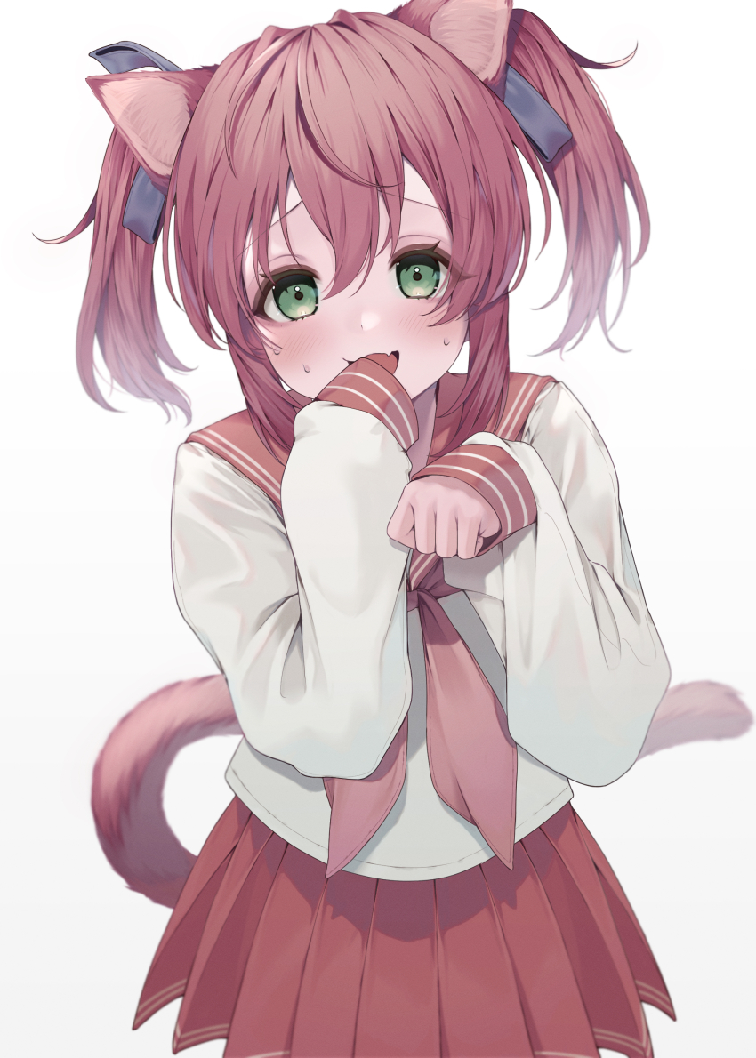 10_(user_cwuu4848), 1girl, :d, absurdres, animal_ears, blue_ribbon, cat_ears, cat_girl