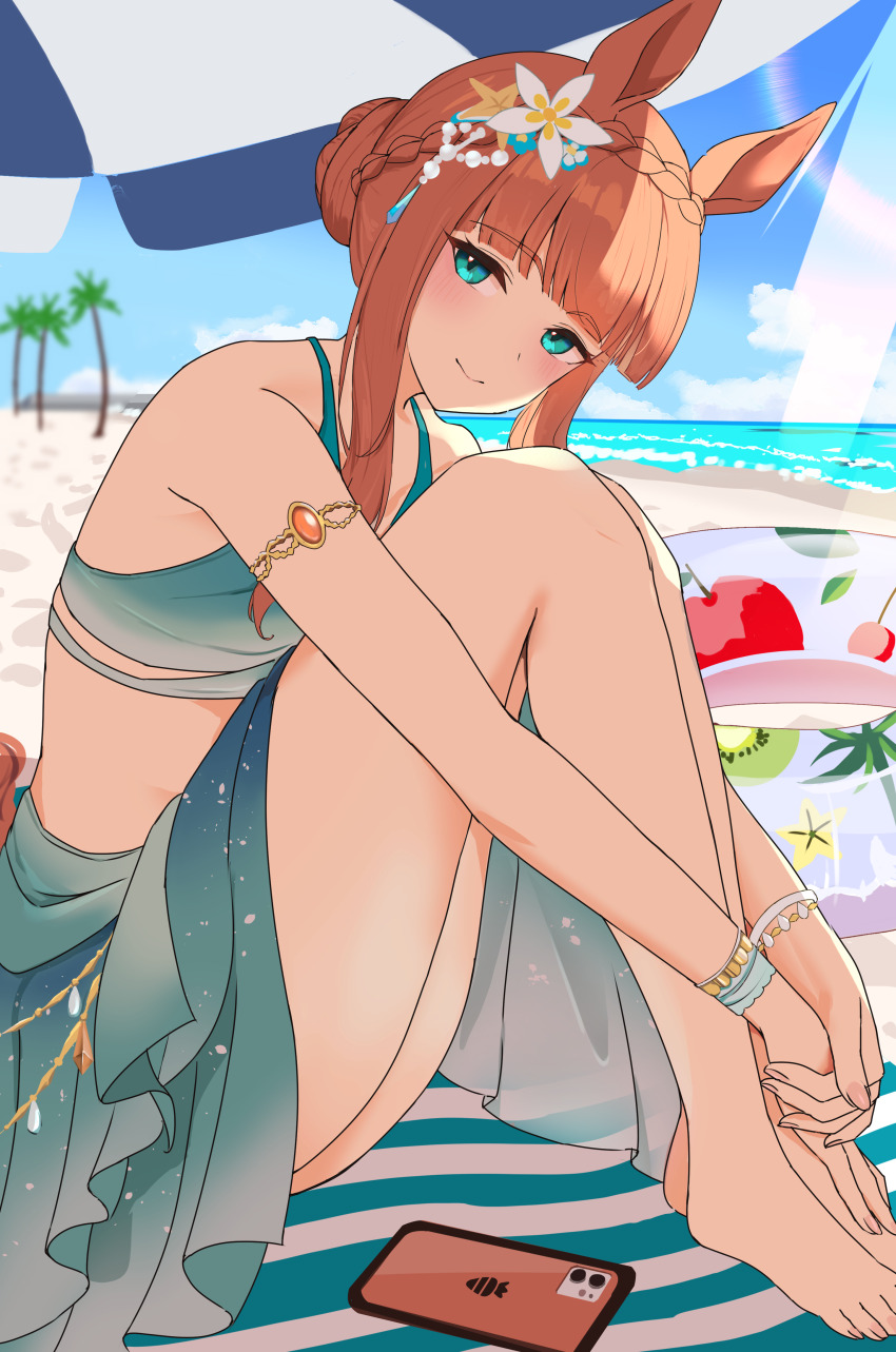 1girl, absurdres, animal_ears, aqua_bikini, aqua_sarong, armlet, bare_shoulders, barefoot