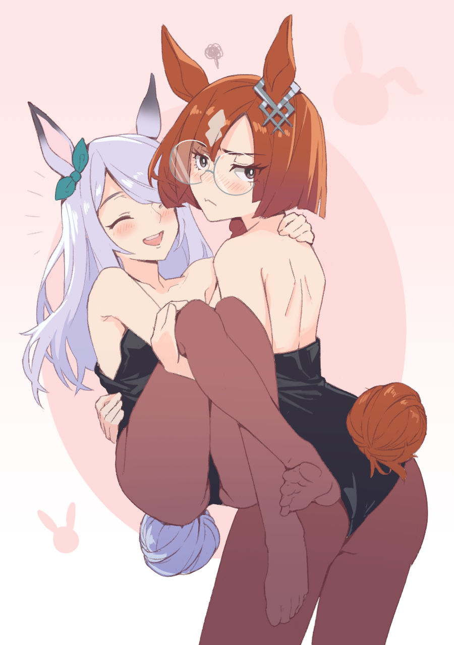 2girls, animal_ears, aqua_bow, ass, bare_shoulders, black_leotard, black_pantyhose, bow, breasts, brown_hair, closed_eyes, closed_mouth, commentary_request, cowboy_shot, ear_bow, ear_ornament, feet, from_behind, gradient_background, hair_between_eyes, highres, horse_ears, horse_girl, horse_tail, ikuno_dictus_(umamusume), leotard, looking_at_viewer, looking_back, mejiro_mcqueen_(umamusume), multicolored_hair, multiple_girls, nape, nontraditional_playboy_bunny, open_mouth, pantyhose, purple_hair, round_eyewear, sinnra_art, small_breasts, soles, strapless, strapless_leotard, streaked_hair, tail, teeth, toes, umamusume, upper_teeth_only, white_hair