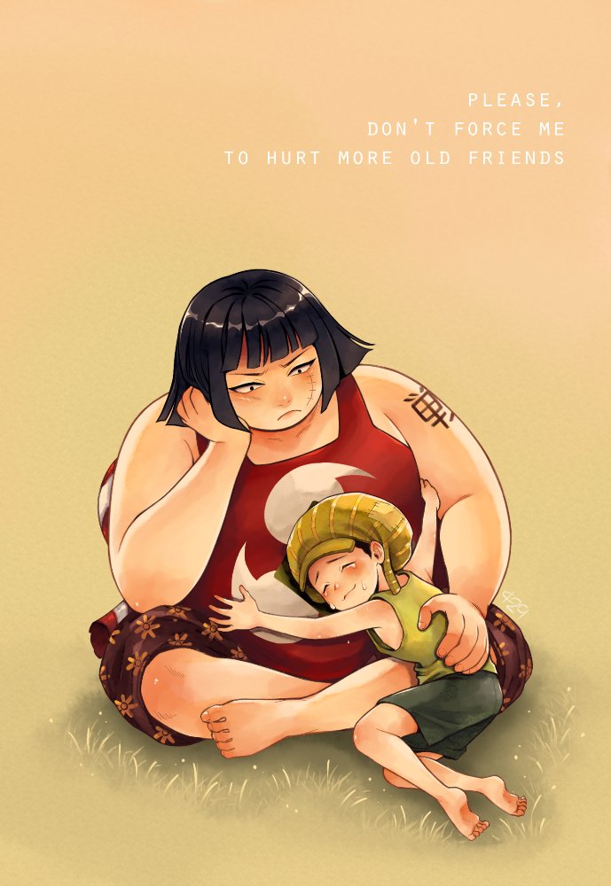 2boys, aged_down, barefoot, black_hair, bob_cut, child, closed_eyes, crossed_legs