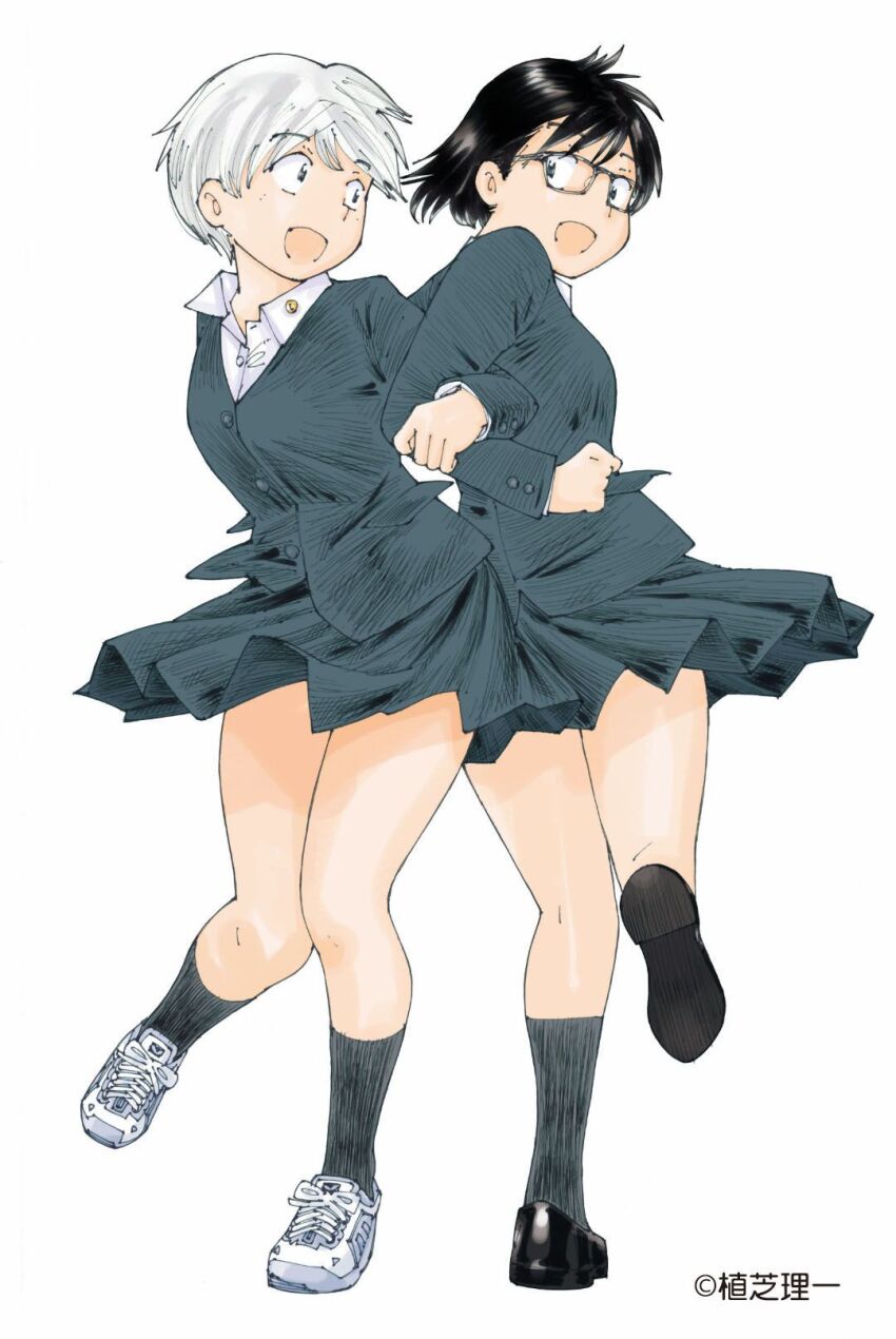 2girls, artist_name, badge, black-framed_eyewear, black_hair, black_socks, blazer, button_badge