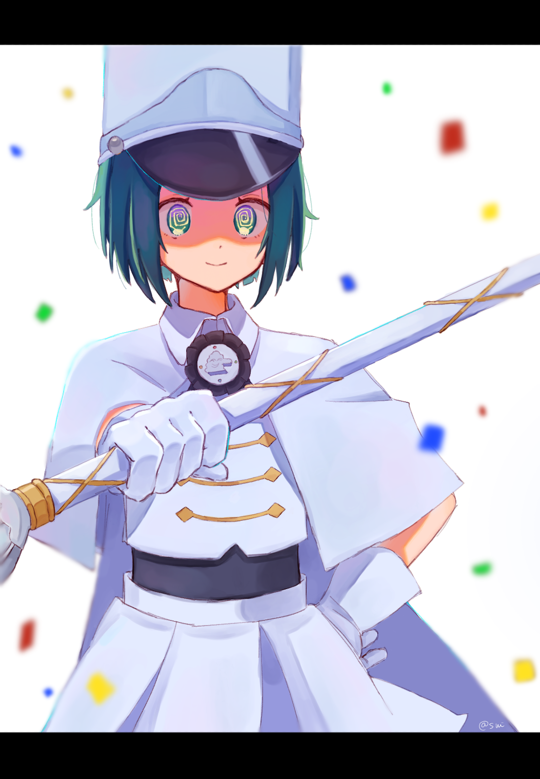 1girl, @_@, black_hair, cape, closed_mouth, collared_cape, facing_viewer, female_focus, gloves, gradient_eyes, green_eyes, hat, highres, marching_band_baton, medium_hair, milgram, momose_amane, multicolored_eyes, official_alternate_costume, purple_eyes, shako_cap, short_cape, skirt, solo, standing, suimi_mizuame0126, white_cape, white_gloves, white_hat, white_skirt