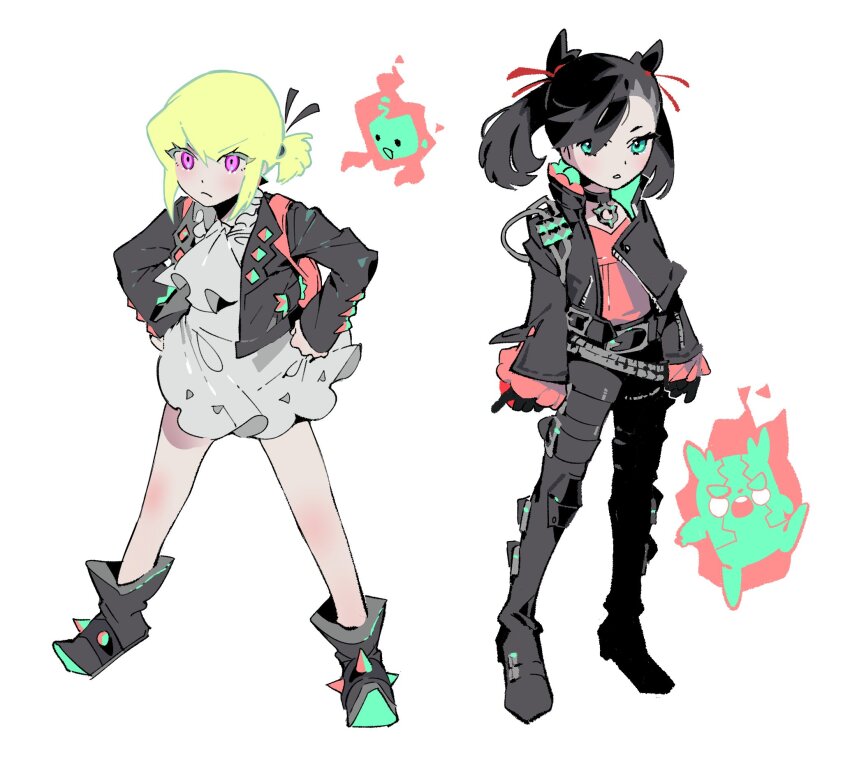 1boy, 1girl, adapted_costume, alternate_costume, alternate_hairstyle, ascot, asymmetrical_bangs, bag, black_choker, black_hair, black_jacket, black_pants, blonde_hair, choker, cosplay, crossdressing, dress, earrings, fire, gapamopa, gen_8_pokemon, green_eyes, hands_on_own_hips, highres, jacket, jewelry, knee_blush, leather, leather_jacket, leather_pants, light_blush, lio_fotia, lio_fotia_(cosplay), marnie_(pokemon), marnie_(pokemon)_(cosplay), morpeko, morpeko_(hangry), nintendo, pants, pink_bag, pink_fire, pink_shirt, pokemon, pokemon_sword_and_shield, ponytail, promare, purple_eyes, shirt, short_hair, simple_background, spiked_boots, trap, triangle_earrings, twintails, white_ascot, white_background, white_dress