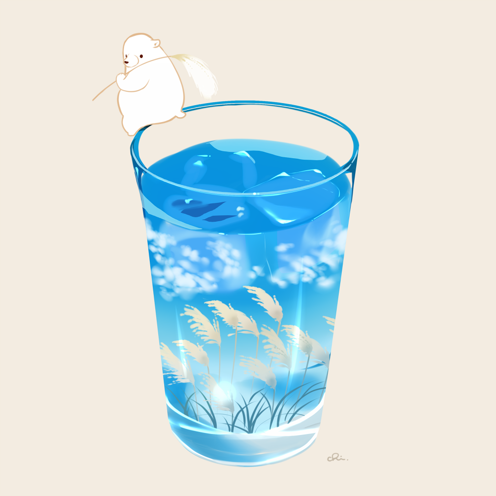 artist_name, bear, chai_(drawingchisanne), drink, food_focus, glass, ice, ice_cube, no_humans, original, polar_bear, shirokuma-san_(drawingchisanne), simple_background