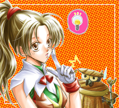 1girl, bell, brown_eyes, brown_hair, female_focus, gadget_(suikoden), gensou_suikoden, gensou_suikoden_i