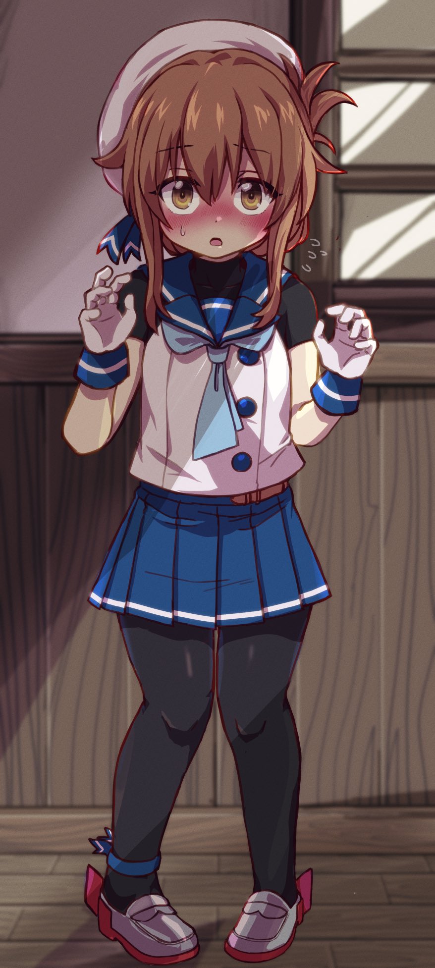 1girl, black_pantyhose, blue_neckerchief, blue_sailor_collar, blue_skirt, blush, brown_eyes, brown_hair