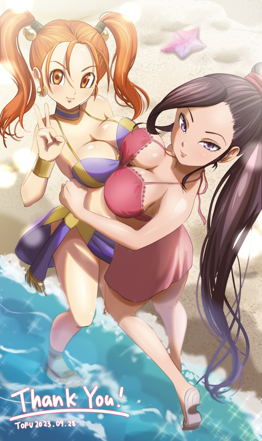 2girls, bad_source, beach, bikini, breast_press, breasts, cleavage, commission, dragon_quest, dragon_quest_viii, dragon_quest_xi, full_body, highres, hug, jessica_albert, large_breasts, looking_at_viewer, martina_(dq11), medium_breasts, multiple_girls, official_alternate_costume, ponytail, sandals, silken_tofu, skeb_commission, starfish, swimsuit, twintails