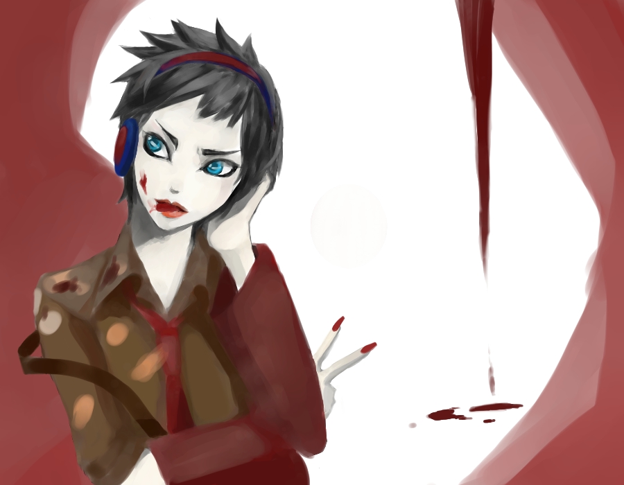 black_hair, blue_eyes, chii_tomero, headset, ketchup, male_focus, mito(artist), necktie