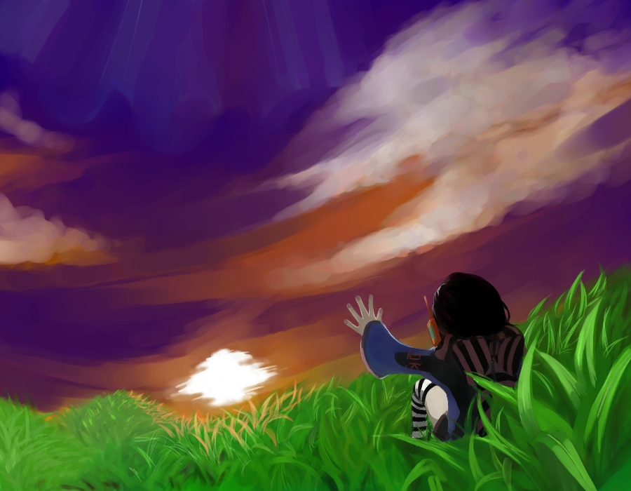 black_hair, bow, grass, imaka_sara, mito(artist), socks, striped_legwear, sunset