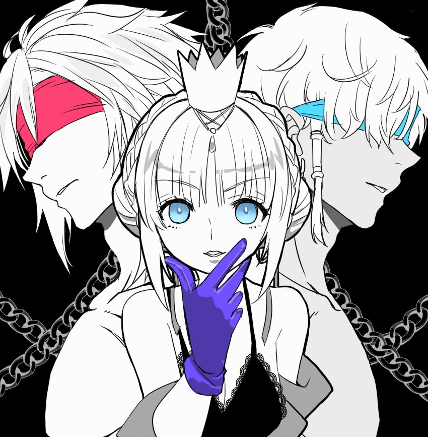 1girl, 2boys, blindfold, blue_eyes, breasts, chain, character_request, crown