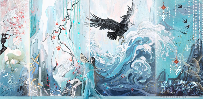 1girl, absurdres, arm_up, beads, bird, black_hair, blue_dress, branch