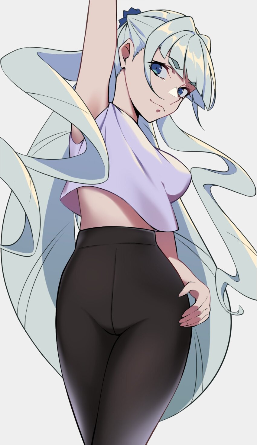 1girl, ankh_(ankh_05), armpits, black_pants, blue_eyes, breasts, floating_hair, grey_hair