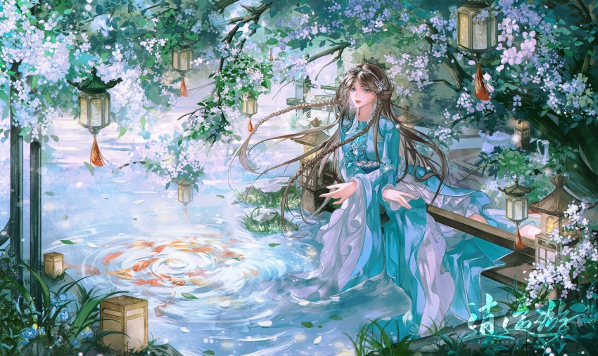 1girl, absurdres, bare_legs, blue_dress, blue_eyes, braid, branch, brown_hair