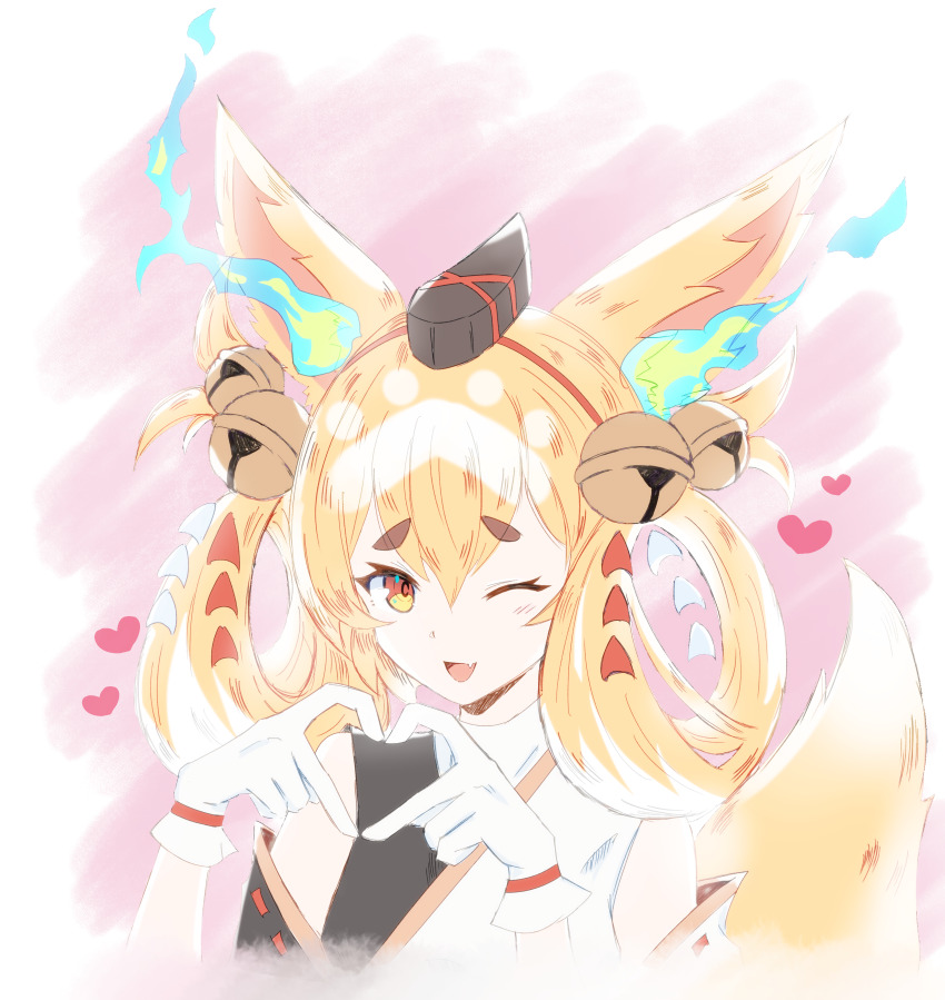 1girl, ;d, absurdres, animal_ears, bell, blonde_hair, dragalia_lost, fang, fox_ears, fox_girl, fox_tail, gloves, hair_bell, hair_between_eyes, hair_ornament, hair_rings, heart, heart_hands, highres, japanese_clothes, kuzunoha_(dragalia_lost), one_eye_closed, open_mouth, orcinus666, skin_fang, smile, solo, tail, upper_body, white_gloves