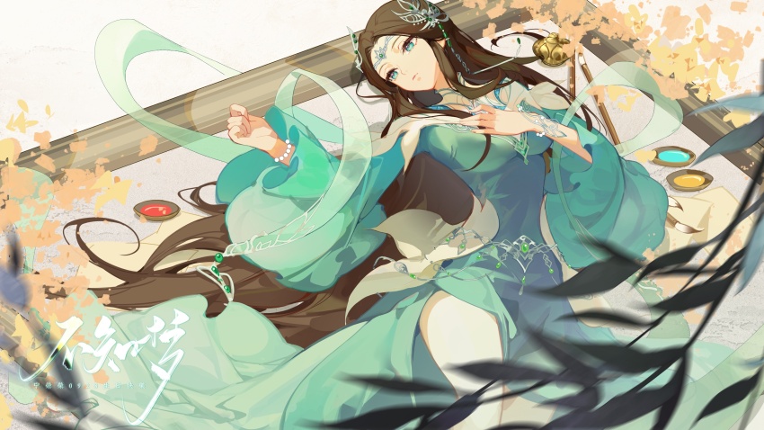 1girl, absurdres, bare_legs, bead_bracelet, beads, blue_dress, blue_eyes, bracelet