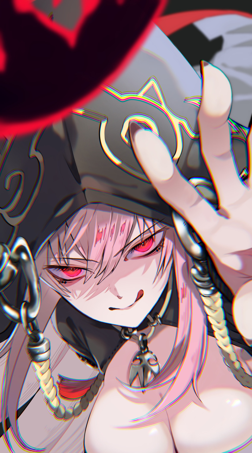 1girl, ;q, absurdres, black_cloak, breasts, chromatic_aberration, cleavage, cloak