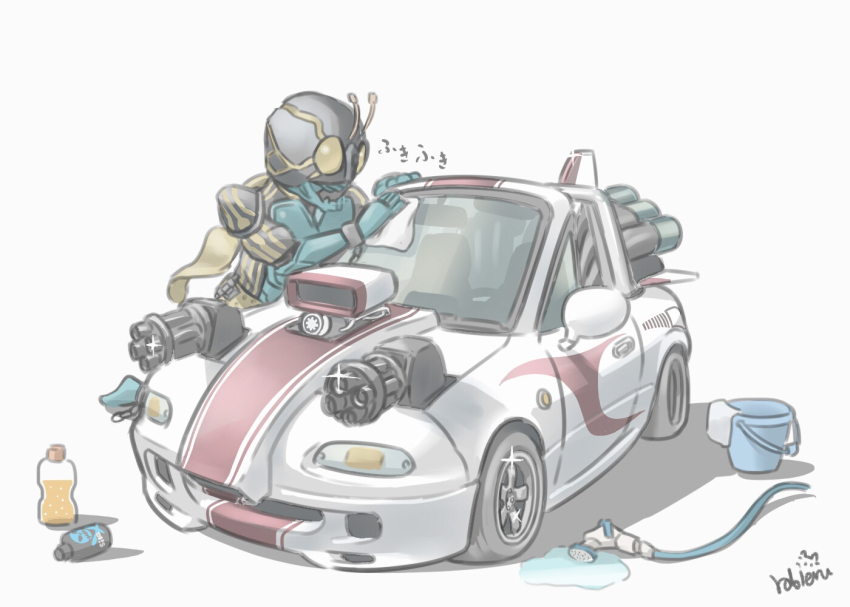 1boy, bucket, car, chibi, engine, eunos_roadster, gatling_gun, glint