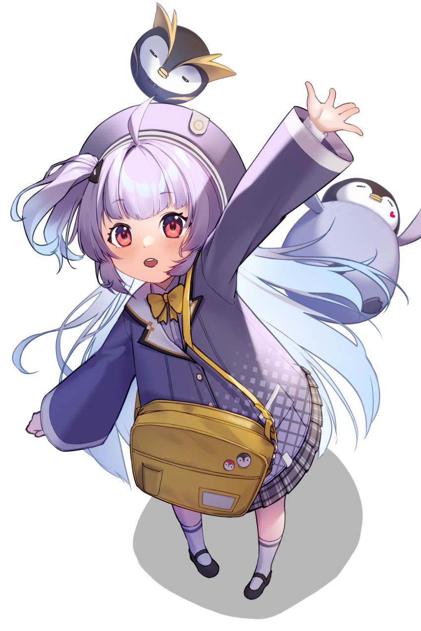 1girl, :d, ahoge, baby_animal, bag, bird, blue_hair, blunt_bangs