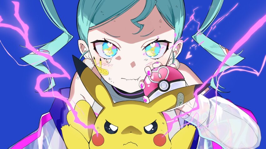 1girl, :t, aqua_hair, bandaid, bandaid_on_cheek, bandaid_on_face, bandaid_on_head, blue_background, blush, check_commentary, closed_mouth, commentary, commentary_request, earrings, gen_1_pokemon, hand_up, hatsune_miku, heart, heart_in_eye, holding, holding_poke_ball, jewelry, lightning_bolt-shaped_pupils, long_sleeves, looking_at_viewer, love_ball, nail_polish, nintendo, official_art, omutatsu, pikachu, pink_nails, poke_ball, pokemon, pokemon_(creature), pom_pom_(clothes), pom_pom_earrings, project_voltage, see-through_clothes, see-through_sleeves, simple_background, sleeveless, sleeveless_turtleneck, straight-on, symbol-shaped_pupils, symbol_in_eye, tears, turtleneck, twintails, upper_body, vocaloid, volt_tackle_(vocaloid)
