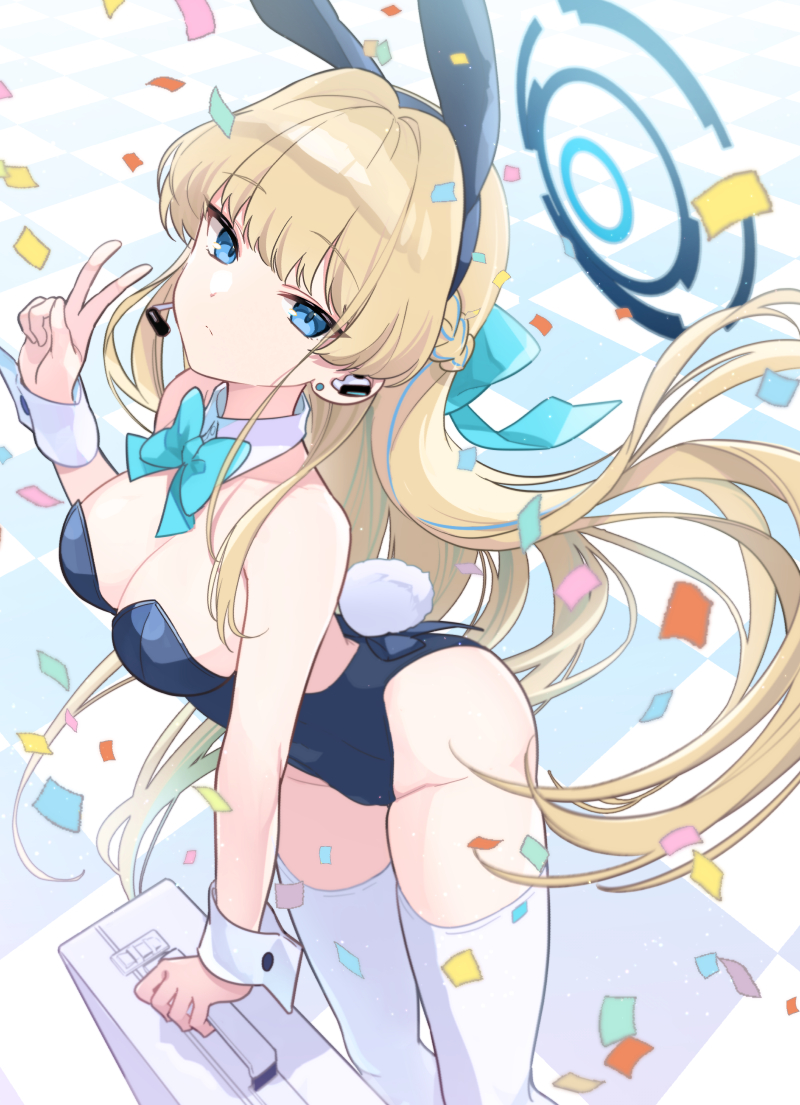 1girl, animal_ears, blonde_hair, blue_archive, blue_bow, blue_bowtie, blue_eyes, blue_halo
