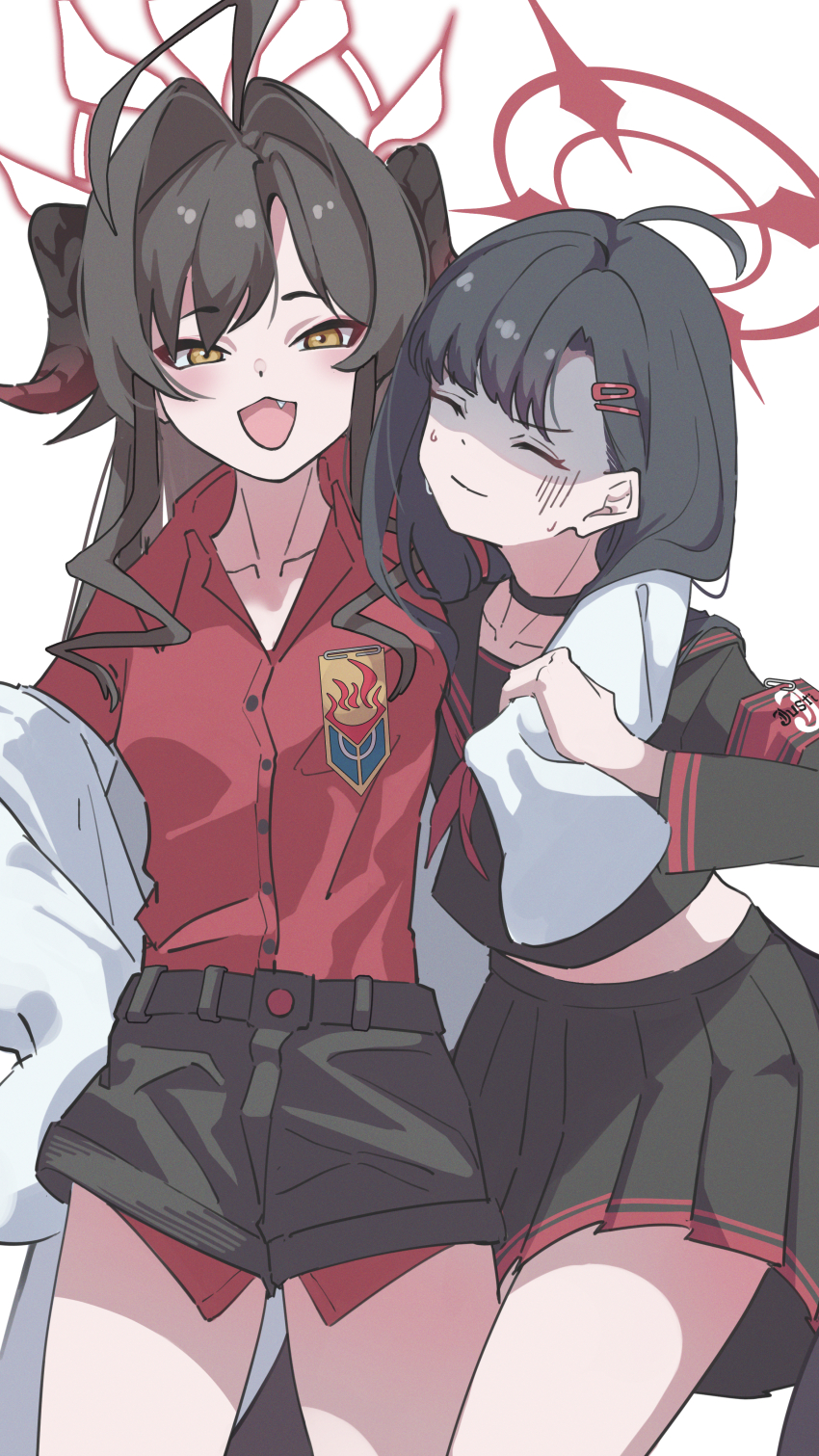 2girls, :d, absurdres, ahoge, black_choker, black_hair, black_horns, black_serafuku
