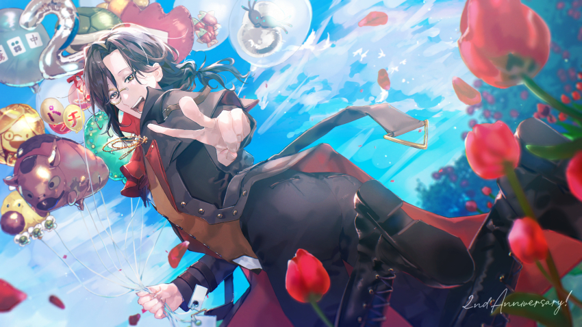 1boy, :d, anniversary, ascot, atten, balloon, black_capelet, black_coat, black_hair, black_pants, boots, brown_vest, candy, capelet, cloud, coat, curtained_hair, day, flower, food, from_behind, hair_between_eyes, highres, holding, holding_balloon, knee_boots, legs_up, long_sleeves, looking_at_viewer, looking_back, low_ponytail, male_focus, medium_hair, monocle, nijisanji, open_mouth, pants, ponytail, red_ascot, red_flower, red_tulip, shellin_burgundy, smile, solo, teeth, tulip, v, vest, virtual_youtuber, wrapped_candy, yellow_eyes