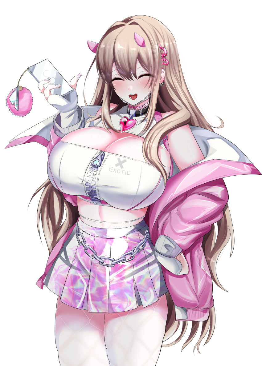 1girl, :d, absurdres, amamiya_kure, bare_shoulders, black_collar, blush, breasts