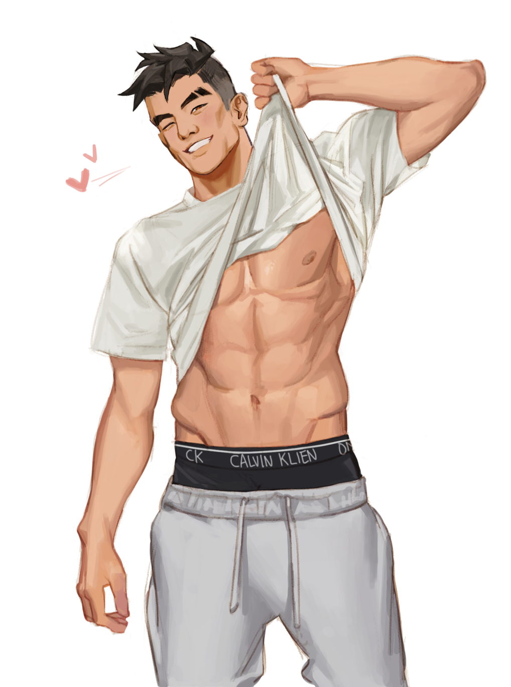1boy, abs, alleveolive, black_hair, black_male_underwear, calvin_klein, clothes_lift, craig_cahn, dream_daddy:_a_dad_dating_simulator, grey_pants, heart, highres, lifting_own_clothes, male_focus, male_underwear, muscular, muscular_male, navel, nipples, one_eye_closed, pants, shirt, shirt_lift, short_hair, short_sleeves, smile, solo, standing, thick_eyebrows, underwear, white_background, white_shirt