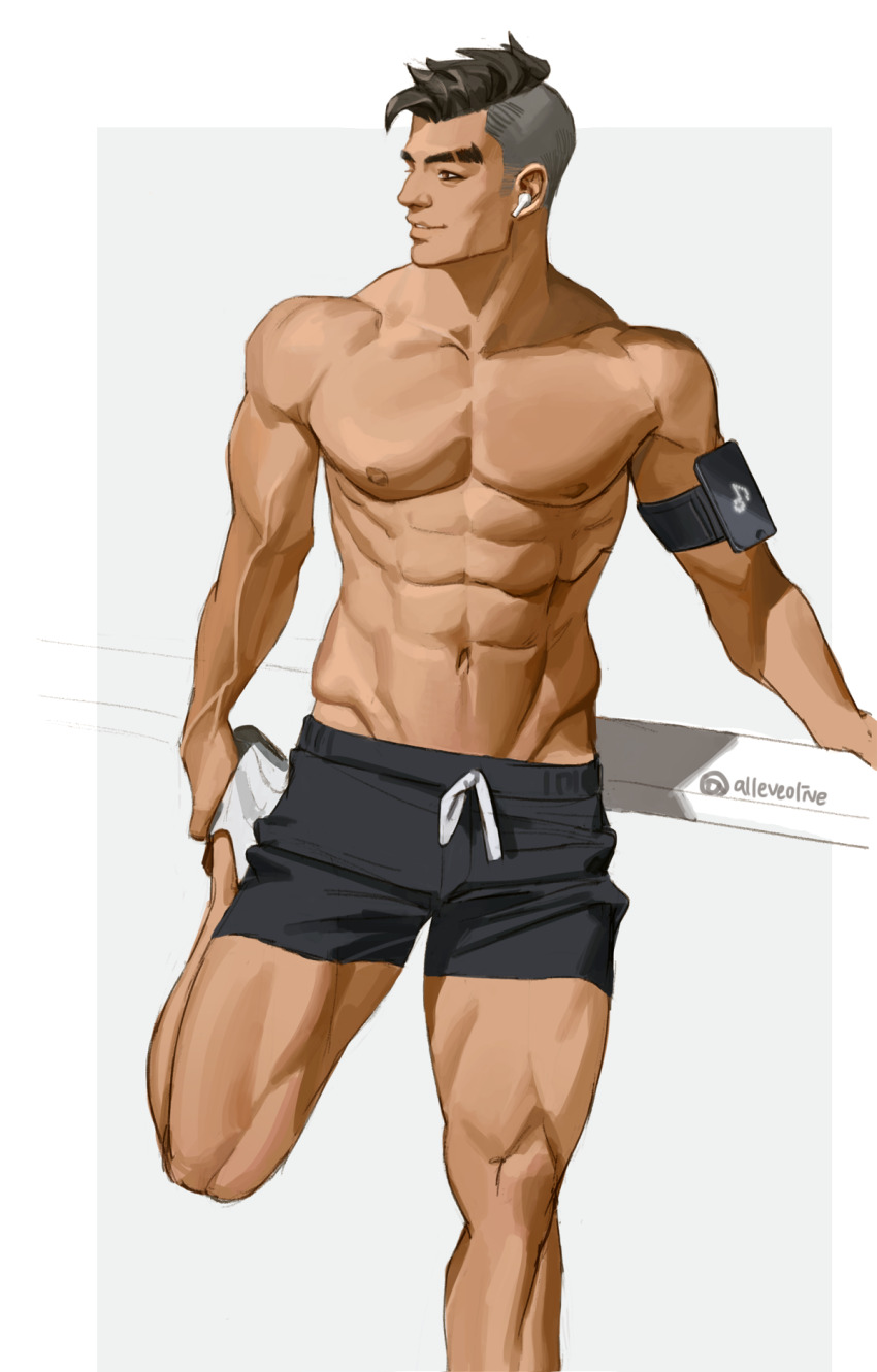 1boy, abs, alleveolive, artist_name, asymmetrical_hair, black_hair, craig_cahn, mp3_player, dream_daddy:_a_dad_dating_simulator, earbuds, earphones, highres, large_pectorals, male_focus, muscular, muscular_male, navel, nipples, pectorals, short_hair, sidecut, solo, standing, standing_on_one_leg, stretching, thick_eyebrows, topless_male, undercut, veins, white_background