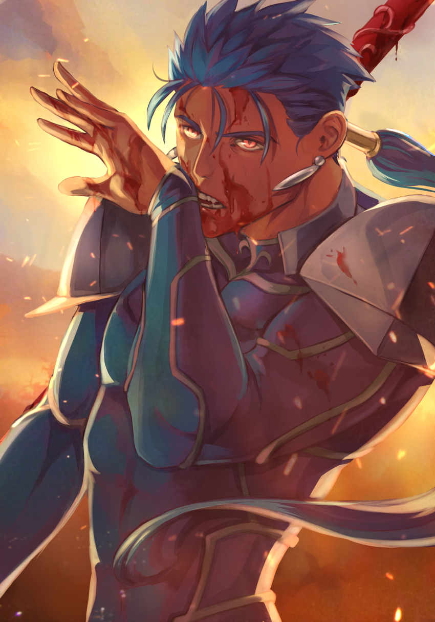 1boy, armor, blood, blood_on_clothes, blood_on_hands, blue_hair, cu_chulainn_(fate), cu_chulainn_(fate/stay_night)