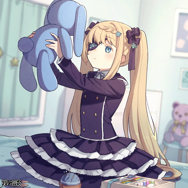 1girl, black_bow, black_dress, blonde_hair, blue_eyes, blurry, blurry_background, bow