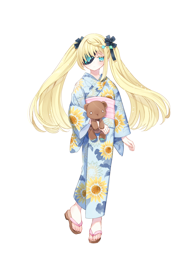 1girl, aokana_sawa, blonde_hair, blue_eyes, bow, dairoku_ryouhei, eyepatch, floral_print, full_body, hair_ornament, holding, holding_stuffed_toy, japanese_clothes, kimono, long_hair, looking_at_viewer, lucy_bluebell, print_kimono, sandals, stuffed_animal, stuffed_toy, teddy_bear, transparent_background, twintails, zouri