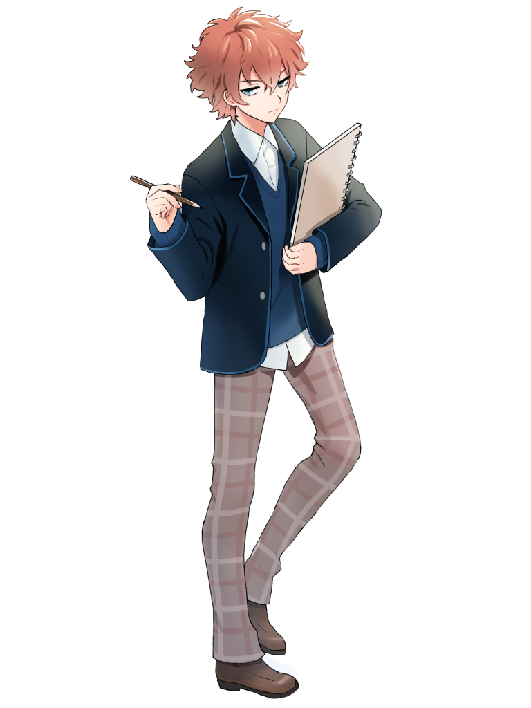 1boy, blue_eyes, blue_sweater_vest, brown_footwear, brown_pants, dairoku_ryouhei, full_body, hair_between_eyes, holding, holding_pencil, holding_sketchbook, kuze_shizuki, long_sleeves, male_focus, pants, pencil, plaid_clothes, plaid_pants, red_hair, school_uniform, short_hair, sketchbook, solo, standing, sweater_vest, transparent_background, yonesima_sin