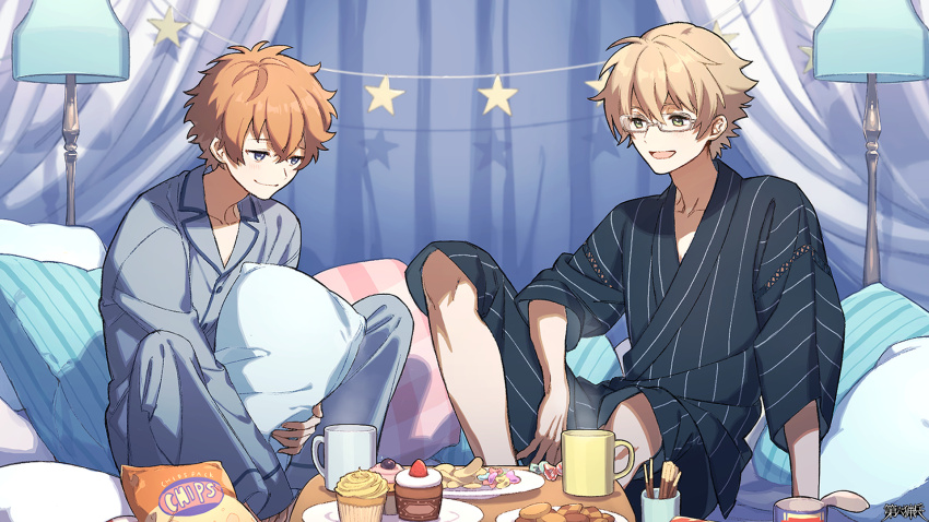 2boys, :d, bag_of_chips, black_kimono, brown_hair, checkerboard_cookie, cookie, copyright_name, cup, cupcake, dairoku_ryouhei, food, glasses, grey_pajamas, highres, indoors, japanese_clothes, kimono, knee_up, kusano_chiaki, kuze_shizuki, lamp, male_focus, mug, multiple_boys, open_mouth, pajamas, pillow, pocky, purple_eyes, sitting, smile, star_(symbol), umou_tw