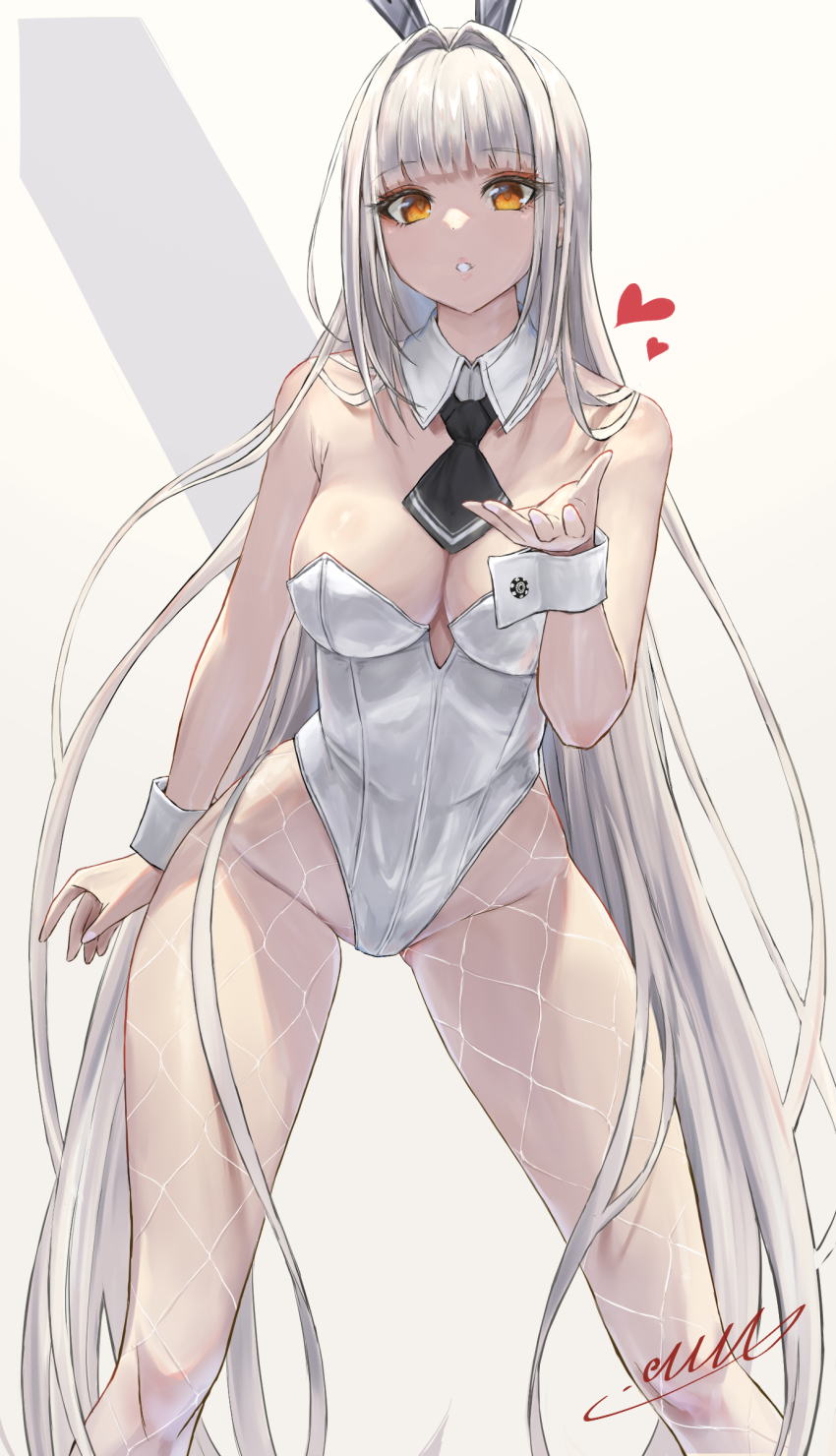 1girl, absurdres, animal_ears, bare_shoulders, black_necktie, blanc_(nikke), blowing_kiss, blunt_bangs, breasts, detached_collar, fishnet_pantyhose, fishnets, goddess_of_victory:_nikke, groin, hair_intakes, heart, highleg, highleg_leotard, highres, legs_apart, leotard, long_hair, m.m_(mmitsu_93), medium_breasts, necktie, pantyhose, parted_lips, playboy_bunny, rabbit_ears, short_necktie, signature, simple_background, solo, very_long_hair, white_background, white_hair, white_leotard, wrist_cuffs, yellow_eyes