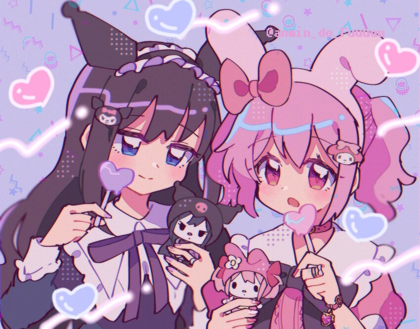 2girls, akemi_homura, animal_collar, animal_ears, black_hair, black_shirt, blue_eyes, blush, bow, bracelet, candy, character_hair_ornament, closed_mouth, collar, collared_shirt, food, frilled_hairband, frilled_shirt, frills, hair_bow, hair_ornament, hairband, heart, heart-shaped_food, heart-shaped_lollipop, highres, holding, holding_candy, holding_food, holding_lollipop, holding_toy, jewelry, kaname_madoka, kuromi, lollipop, long_hair, long_sleeves, looking_at_viewer, mahou_shoujo_madoka_magica, mahou_shoujo_madoka_magica_(anime), multiple_girls, my_melody, my_melody_(series), neck_ribbon, open_mouth, pink_bow, pink_collar, pink_eyes, pink_hair, pink_nails, portrait, purple_nails, purple_ribbon, rabbit_ears, ribbon, ring, sanrio, shaped_lollipop, shirt, short_hair, sidelocks, simple_background, smile, split_mouth, takenoko_mgrc, toy, twintails, twitter_username, very_long_hair