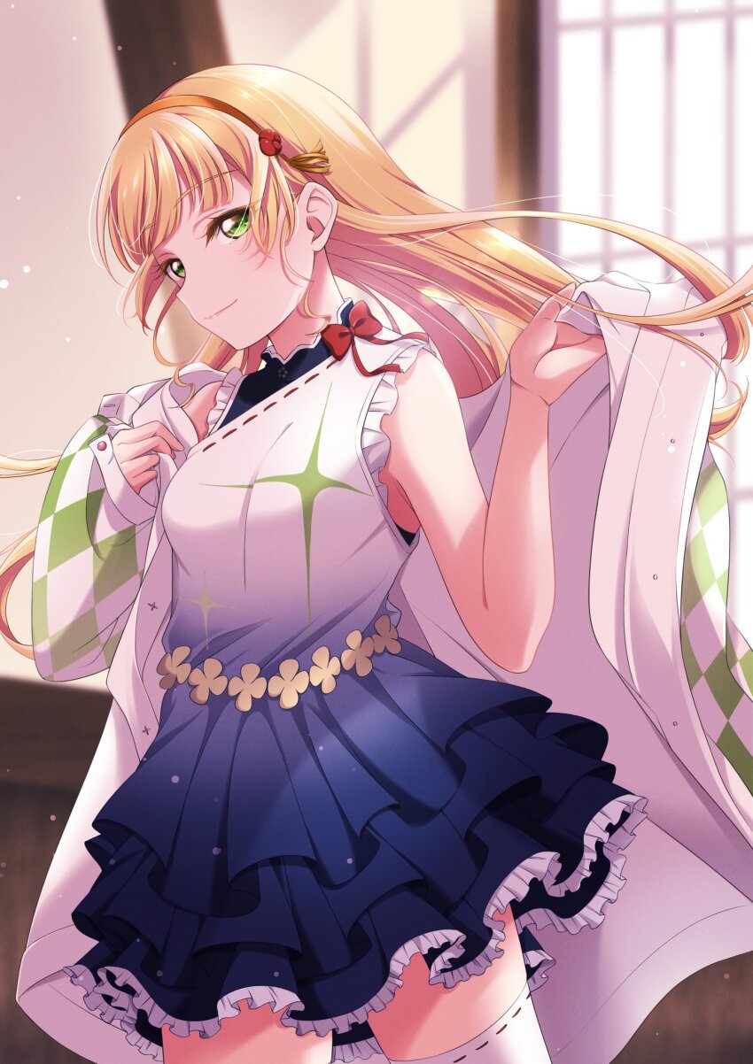 1girl, blonde_hair, blue_dress, bow, breasts, closed_mouth, dress, frilled_dress