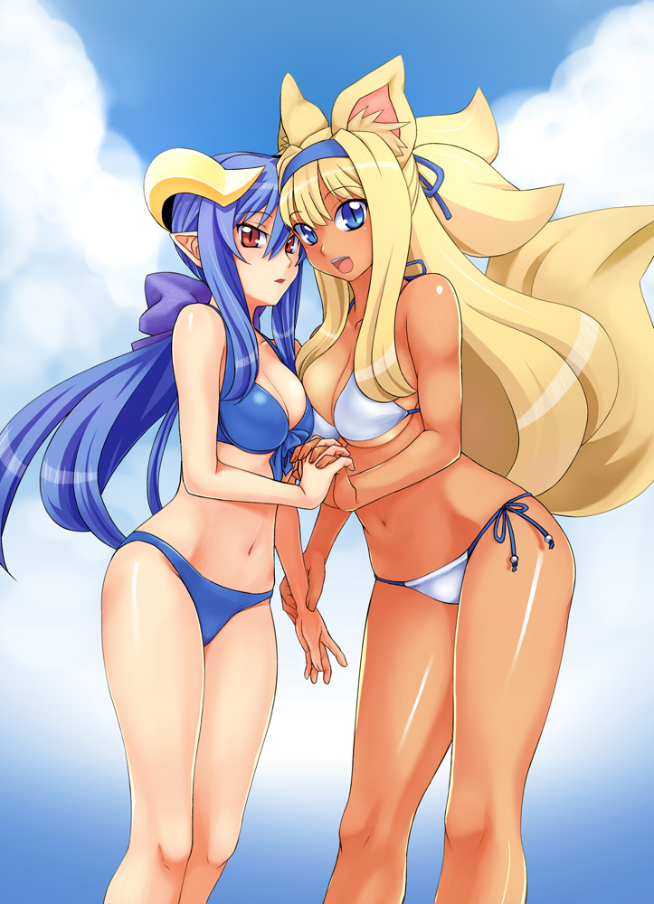 2girls, animal_ears, bikini, blonde_hair, blue_bikini, blue_eyes, blue_hair, breasts, cleavage, cloud, dark-skinned_female, dark_skin, day, fox_ears, fox_tail, front-tie_top, hikabe_sakuho, holding_hands, horns, ibarahime_shizuka, interlocked_fingers, kouretsuken_mahiru, long_hair, medium_breasts, multiple_girls, navel, pointy_ears, ponytail, red_eyes, shinrabanshou, side-tie_bikini_bottom, swimsuit, tail, white_bikini