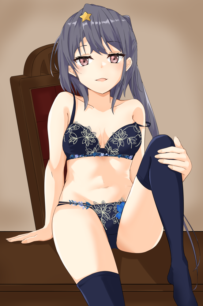 1girl, black_bra, black_panties, black_thighhighs, bra, breasts, chair, cowboy_shot, desk, grey_eyes, grey_hair, hair_ornament, kantai_collection, long_hair, looking_at_viewer, makinoki, medium_breasts, panties, scamp_(kancolle), side_ponytail, sitting, solo, star_(symbol), star_hair_ornament, strap_slip, thighhighs, underwear, underwear_only