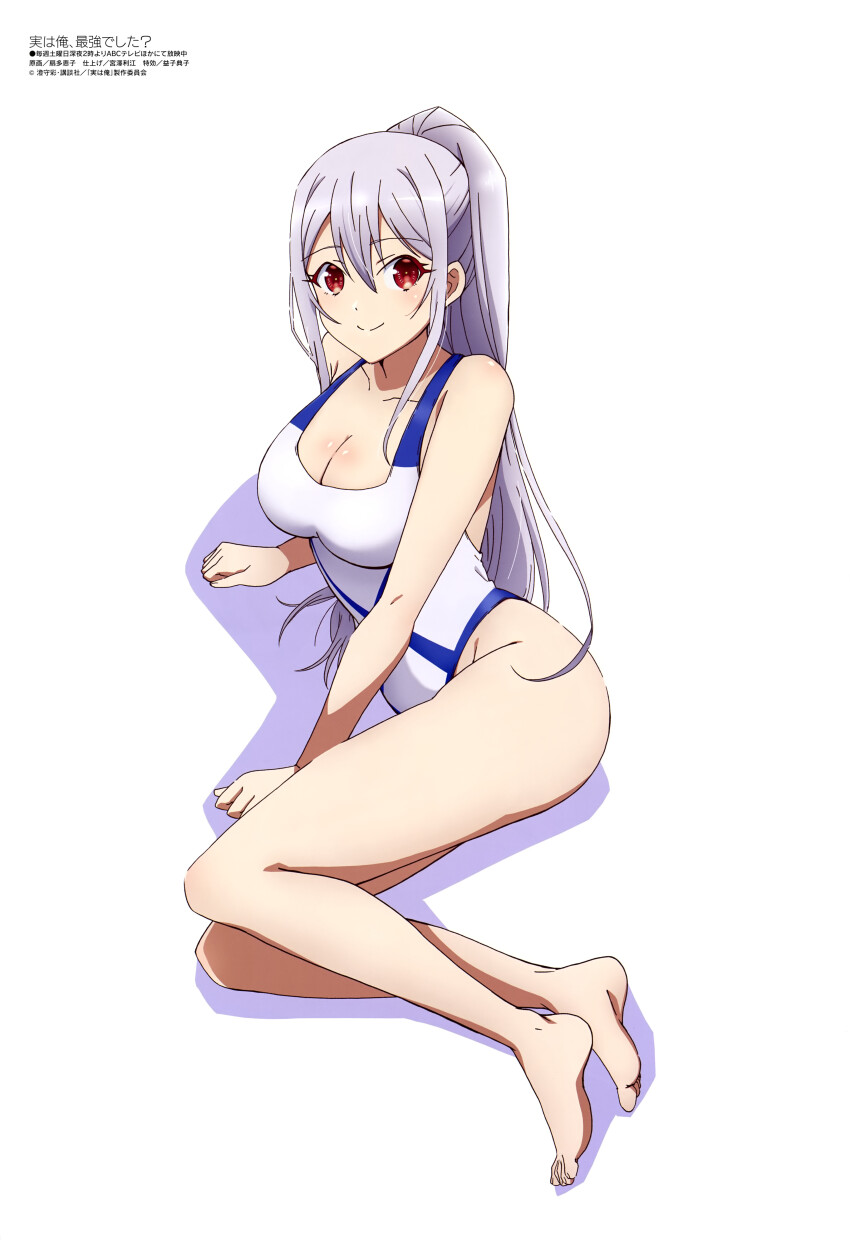 1girl, absurdres, bare_arms, barefoot, breasts, cleavage, closed_mouth, competition_swimsuit, feet, hair_between_eyes, high_ponytail, highleg, highleg_one-piece_swimsuit, highres, irisphilia, jitsu_wa_ore_saikyou_deshita?, large_breasts, legs, long_hair, looking_at_viewer, lying, magazine_scan, megami_magazine, official_art, one-piece_swimsuit, ponytail, purple_hair, red_eyes, scan, simple_background, smile, solo, swimsuit, thighs, very_long_hair, white_background, white_one-piece_swimsuit