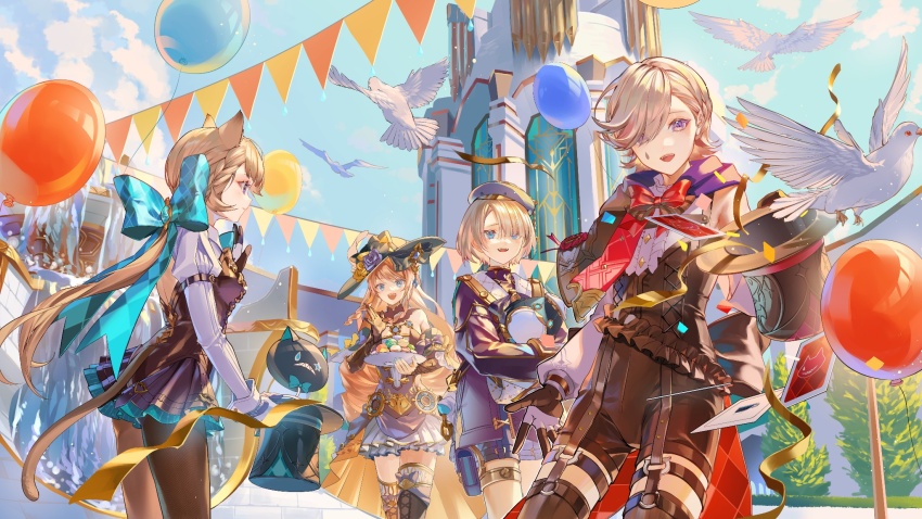 2boys, 2girls, animal_ear_fluff, animal_ears, aqua_gem, bag, balloon, bare_shoulders