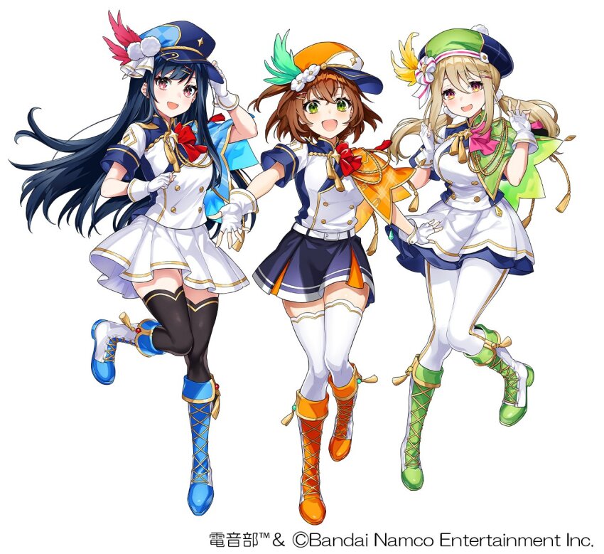 3girls, :d, aiguillette, artist_collaboration, artist_request, belt, beret, black_thighhighs