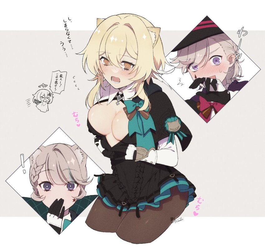 !, >_<, 2boys, 2girls, :o, @_@, alternate_costume, animal_ears, black_dress, blush, braid, breasts, brother_and_sister, cat_ears, center_opening, cleavage, cosplay, covering_own_mouth, dress, frilled_dress, frills, genshin_impact, grey_hair, halo, hat, highres, hinadori, lumine_(genshin_impact), lynette_(genshin_impact), lynette_(genshin_impact)_(cosplay), lyney_(genshin_impact), medium_breasts, multiple_boys, multiple_girls, open_mouth, paimon_(genshin_impact), pantyhose, purple_eyes, siblings, speech_bubble, surprised, sweatdrop, top_hat, translation_request, twins