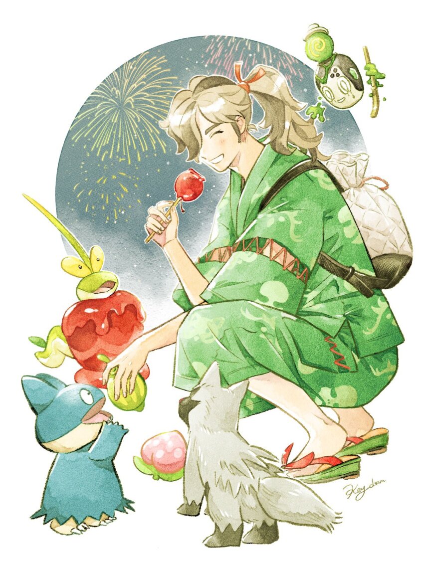 1boy, :d, ^_^, aerial_fireworks, aguav_berry, alternate_hairstyle, artist_name, arven_(pokemon)