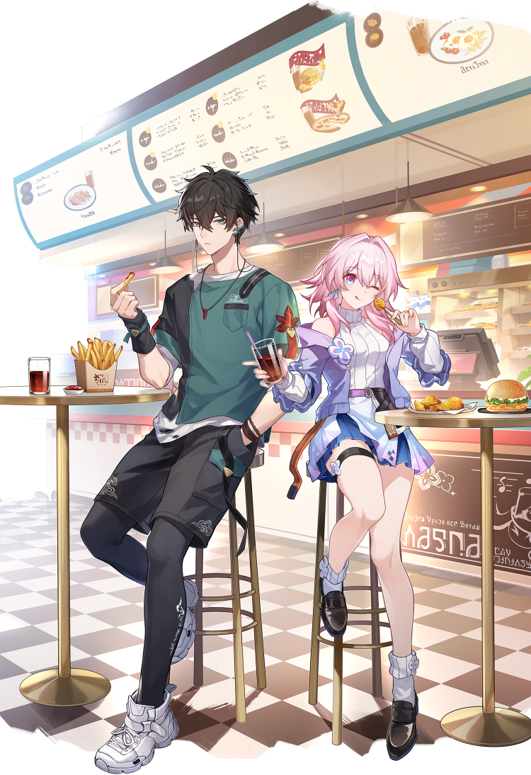 1boy, 1girl, :q, bare_shoulders, belt, black_hair, black_leggings, black_shirt