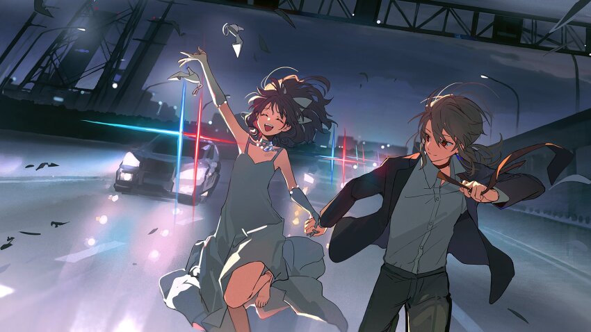 1boy, 1girl, arm_up, barefoot, car, dress, high_heels, highres