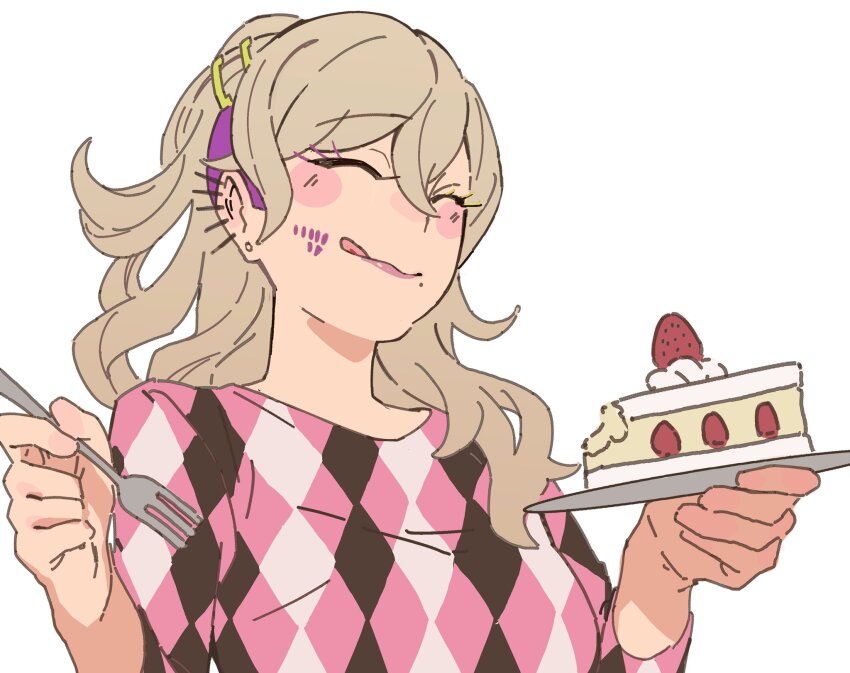 1girl, argyle_clothes, argyle_sweater, blonde_hair, blush, cake, cake_slice, closed_eyes