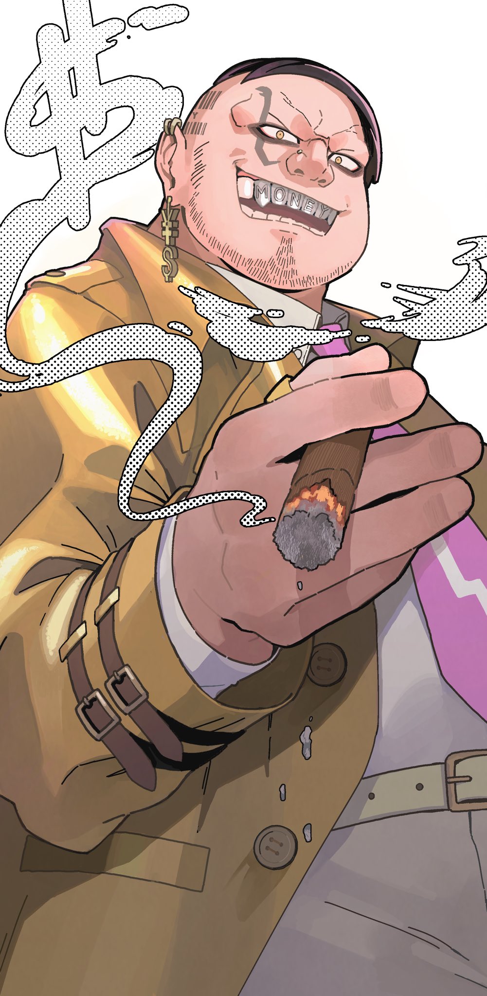 1boy, barcode, barcode_tattoo, belt, brown_hair, cigar, collared_shirt, commentary_request