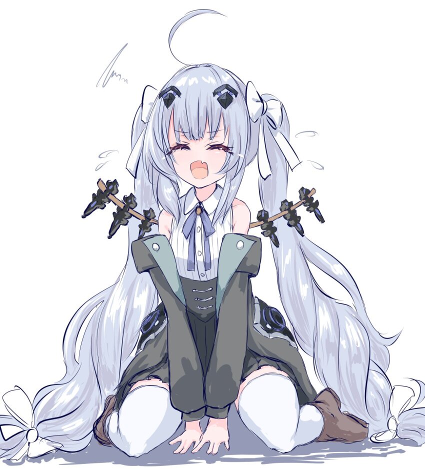 1girl, ahoge, assault_lily, bare_shoulders, black_jacket, black_skirt, blue_ribbon, bow, brown_shoes, closed_eyes, collared_shirt, commentary_request, crying, fang, flying_teardrops, full_body, grey_hair, hair_bow, hair_ornament, highres, jacket, long_hair, miniskirt, miriam_hildegard_von_gropius, neck_ribbon, neni_hatahachi, off_shoulder, official_alternate_costume, open_clothes, open_jacket, open_mouth, pleated_skirt, ribbon, shirt, shoes, sidelocks, simple_background, sitting, sketch, skin_fang, skirt, sleeveless, sleeveless_shirt, solo, squiggle, thighhighs, twintails, underbust, v_arms, very_long_hair, wariza, white_background, white_bow, white_shirt, white_thighhighs